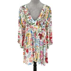 Miss June Dress Womens Medium Ivory Floral Sequins Short Babydoll Swim Cover Up